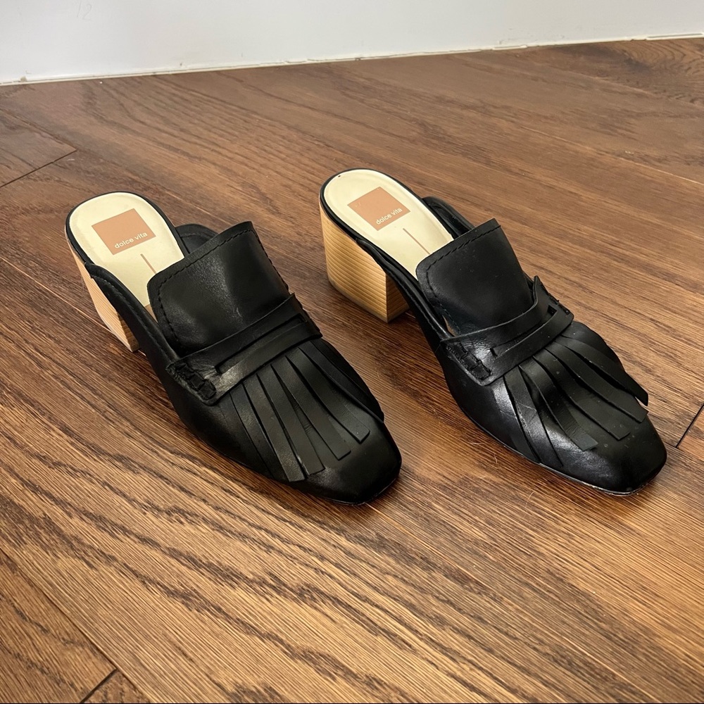 Dolce Vita Katina Black Leather Mules with Fringe Detail Size 9.5